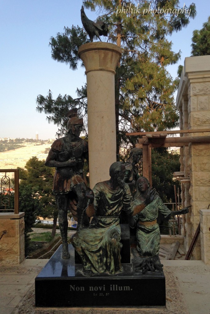 Depiction of Peter denying Jesus three times, in the courtyard of St. Peter in Gallicantu Monastery, formerly the courtyard of Caiaphas 